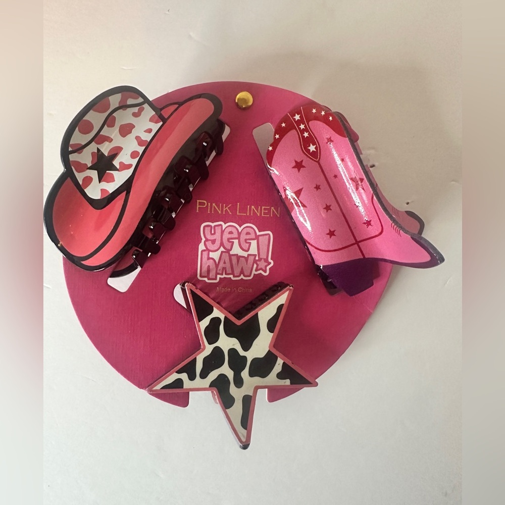 Pink Linen New Set of 3 YeeHaw Hair Claw Clips